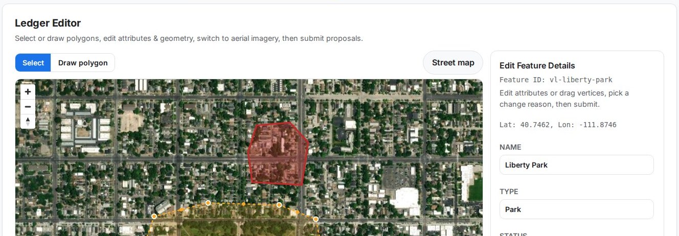 Ledger Editor map with a park polygon selected